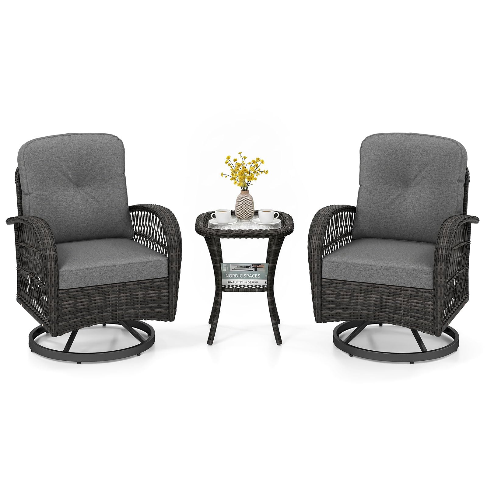 Tangkula 3 Piece Patio Swivel Rocker Set 2 Outdoor Wicker Rocking Chairs